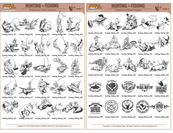 Hunting and Fishing - PDF - catalog. Cuttable vector clipart in EPS and AI formats. Vectorial Clip art for cutting plotters.