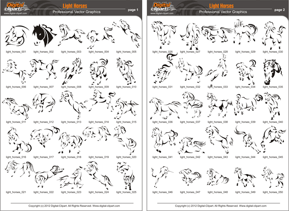 Light Horse - PDF - catalog. Cuttable vector clipart in EPS and AI formats. Vectorial Clip art for cutting plotters.