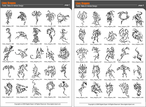 Lines Dragons - PDF - catalog. Cuttable vector clipart in EPS and AI formats. Vectorial Clip art for cutting plotters.