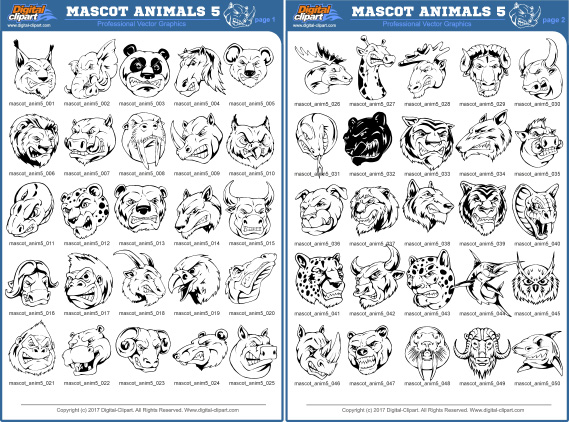 Mascot Animals 5. PDF - catalog. Cuttable vector clipart in EPS and AI formats. Vectorial Clip art for cutting plotters.