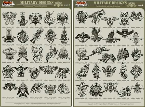 Military Designs - PDF - catalog. Cuttable vector clipart in EPS and AI formats. Vectorial Clip art for cutting plotters.