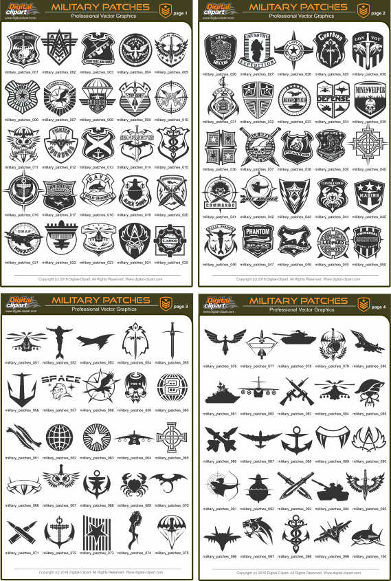 Military Patches - PDF - catalog. Cuttable vector clipart in EPS and AI formats. Vectorial Clip art for cutting plotters.