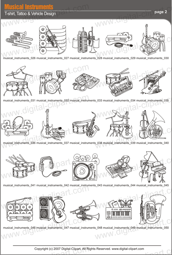 Musical Instruments. PDF - catalog. Cuttable vector clipart in EPS and AI formats. Vectorial Clip art for cutting plotters.