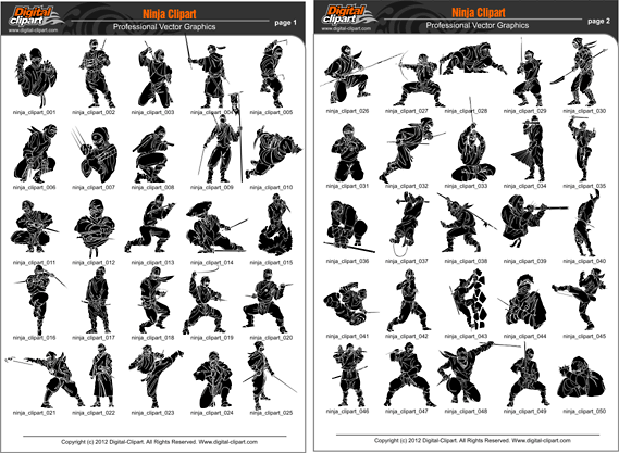 Ninja Clipart. PDF - catalog. Cuttable vector clipart in EPS and AI formats. Vectorial Clip art for cutting plotters.