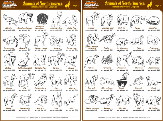 North American Animals - PDF - catalog. Cuttable vector clipart in EPS and AI formats. Vectorial Clip art for cutting plotters.