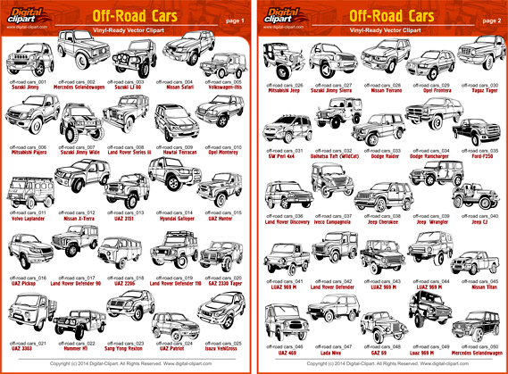 Off-Road cars  -  PDF - catalog. Cuttable vector clipart in EPS and AI formats. Vectorial Clip art for cutting plotters.