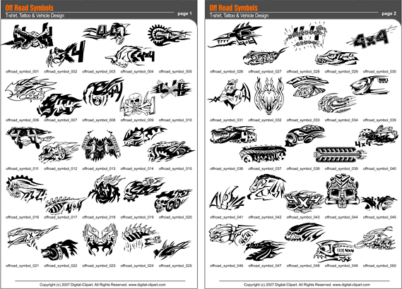 Off Road Symbols. PDF - catalog. Cuttable vector clipart in EPS and AI formats. Vectorial Clip art for cutting plotters.
