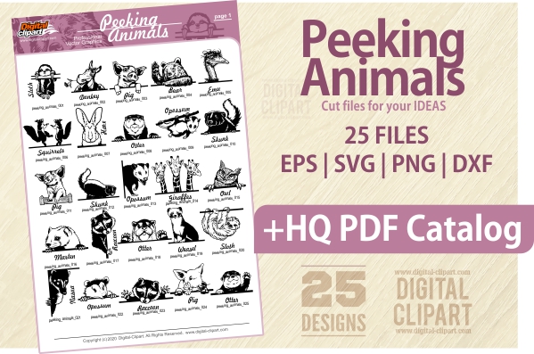 Peeking Animals - PDF - catalog. Cuttable vector clipart in EPS and AI formats. Vectorial Clip art for cutting plotters.