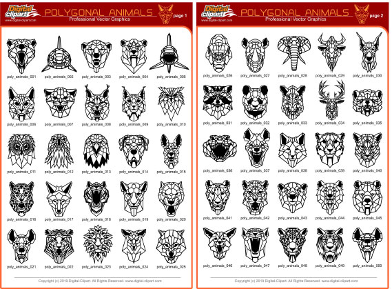 Polygonal Animals  - PDF - catalog. Cuttable vector clipart in EPS and AI formats. Vectorial Clip art for cutting plotters.