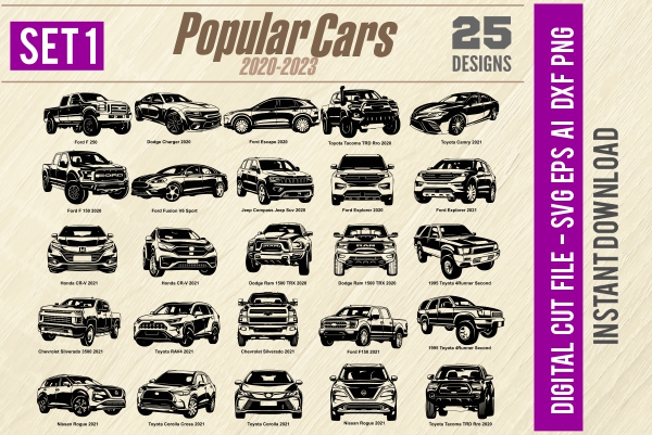 Popular Cars 2020-2023 - PDF - catalog. Cuttable vector clipart in EPS and AI formats. Vectorial Clip art for cutting plotters.