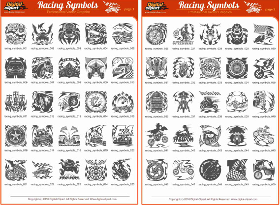 Racing Symbols - PDF - catalog. Cuttable vector clipart in EPS and AI formats. Vectorial Clip art for cutting plotters.