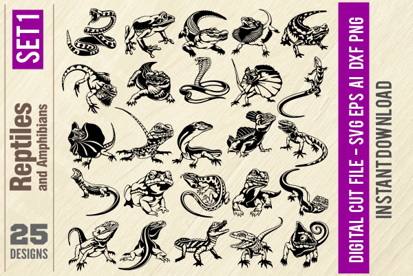 Reptiles and Amphibians - PDF - catalog. Cuttable vector clipart in EPS and AI formats. Vectorial Clip art for cutting plotters.