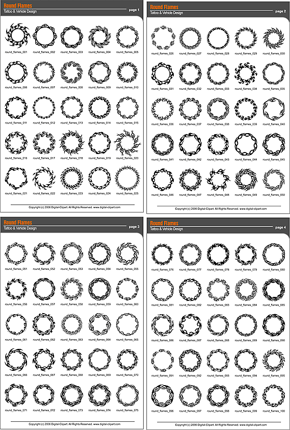 Rounded Flames Clip Art. PDF - catalog. Cuttable vector clipart in EPS and AI formats. Vectorial Clip art for cutting plotters.