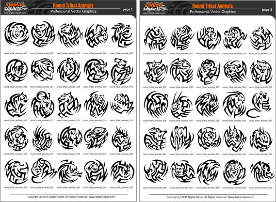 Round Tribal Animals - PDF - catalog. Cuttable vector clipart in EPS and AI formats. Vectorial Clip art for cutting plotters.