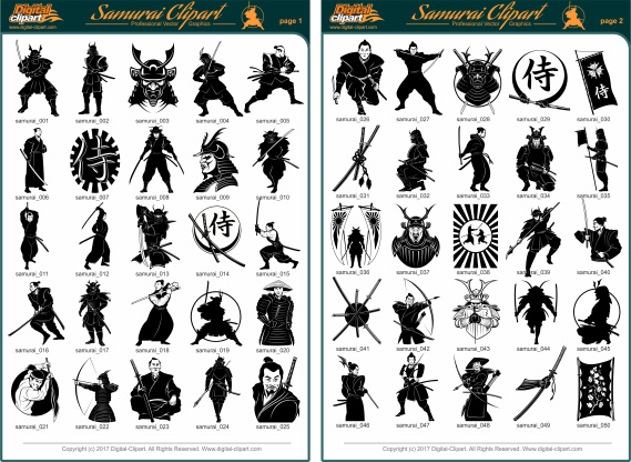 Samurai Clipart. PDF - catalog. Cuttable vector clipart in EPS and AI formats. Vectorial Clip art for cutting plotters.