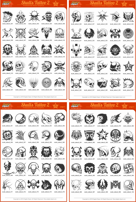 Skulls Tattoo - PDF - catalog. Cuttable vector clipart in EPS and AI formats. Vectorial Clip art for cutting plotters.