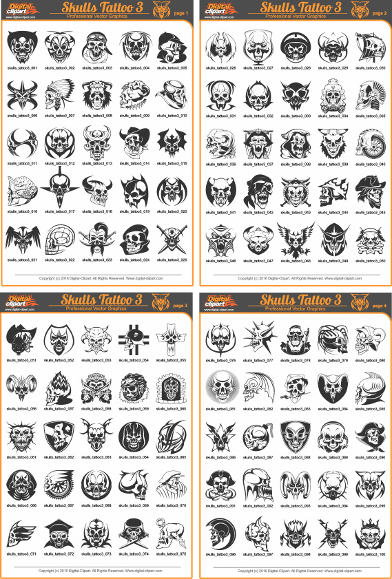 Skulls Tattoo 3 - PDF - catalog. Cuttable vector clipart in EPS and AI formats. Vectorial Clip art for cutting plotters.