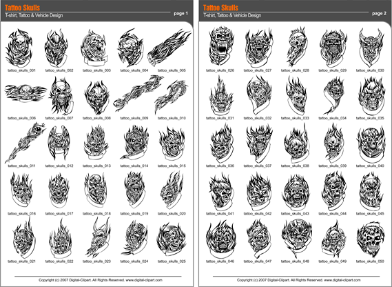 Skulls Tattoo  - PDF - catalog. Cuttable vector clipart in EPS and AI formats. Vectorial Clip art for cutting plotters.