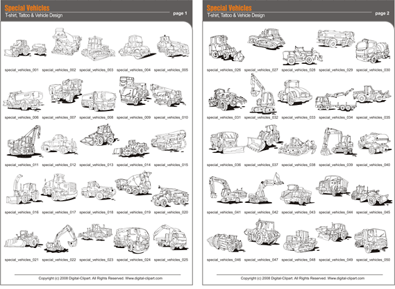 Special Vehicles - PDF - catalog. Cuttable vector clipart in EPS and AI formats. Vectorial Clip art for cutting plotters.