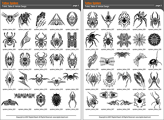Tattoo Spiders - PDF - catalog. Cuttable vector clipart in EPS and AI formats. Vectorial Clip art for cutting plotters.
