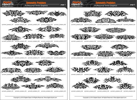 Symmetric Predators. PDF - catalog. Cuttable vector clipart in EPS and AI formats. Vectorial Clip art for cutting plotters.