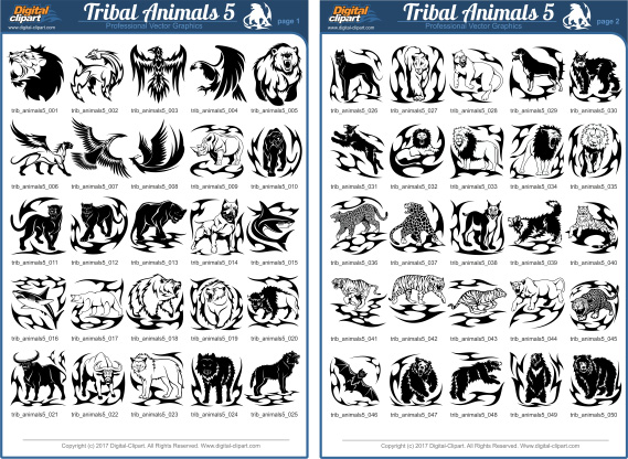 Tribal Animals 4 - PDF - catalog. Cuttable vector clipart in EPS and AI formats. Vectorial Clip art for cutting plotters.