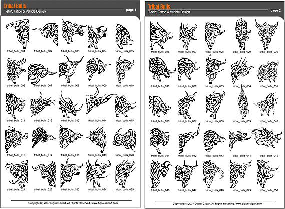 Tribal Bulls - PDF - catalog. Cuttable vector clipart in EPS and AI formats. Vectorial Clip art for cutting plotters.