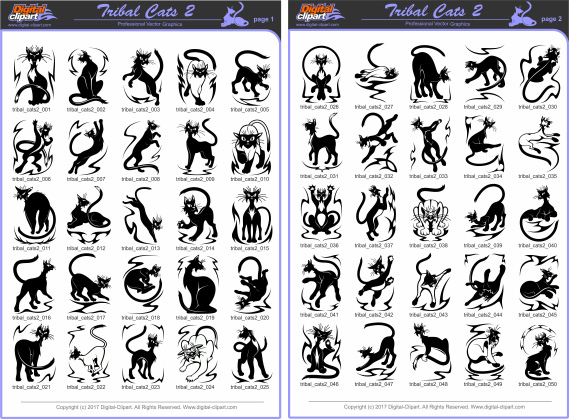Tribal Cats 2. PDF - catalog. Cuttable vector clipart in EPS and AI formats. Vectorial Clip art for cutting plotters.