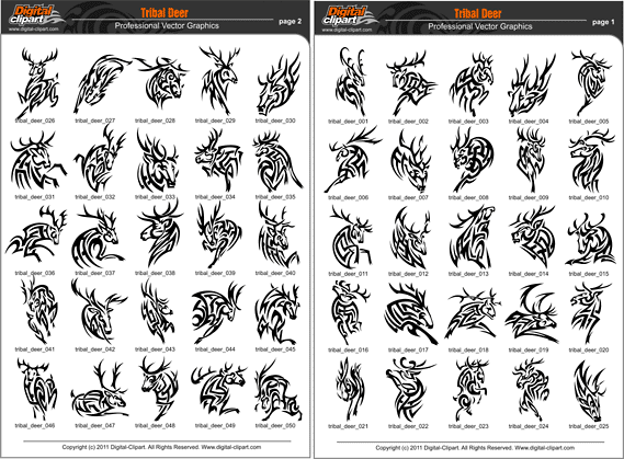 Tribal Deer - PDF - catalog. Cuttable vector clipart in EPS and AI formats. Vectorial Clip art for cutting plotters.