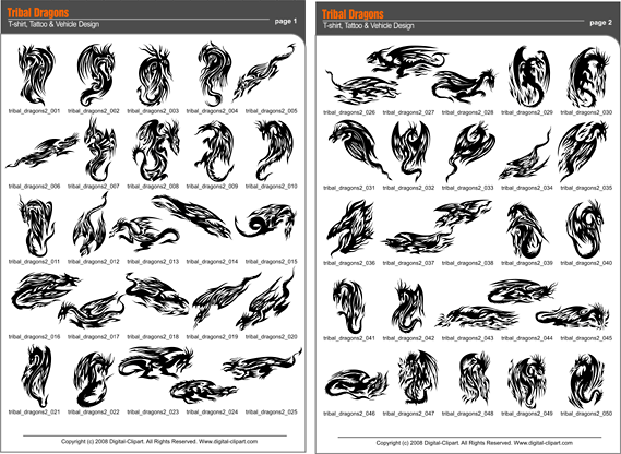 Tribal Dragons - PDF - catalog. Cuttable vector clipart in EPS and AI formats. Vectorial Clip art for cutting plotters.