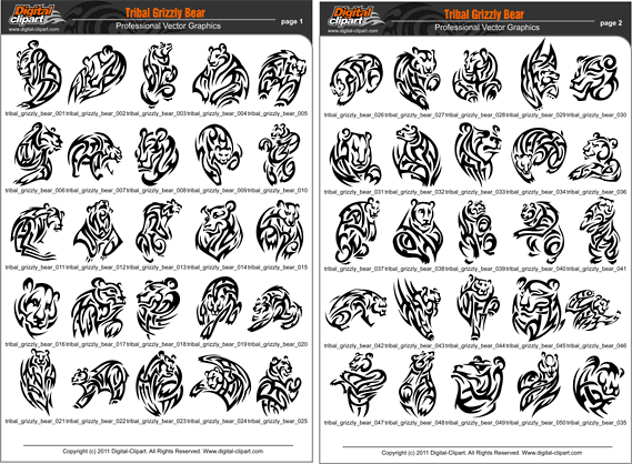 Tribal Grizzly Bear - PDF - catalog. Cuttable vector clipart in EPS and AI formats. Vectorial Clip art for cutting plotters.