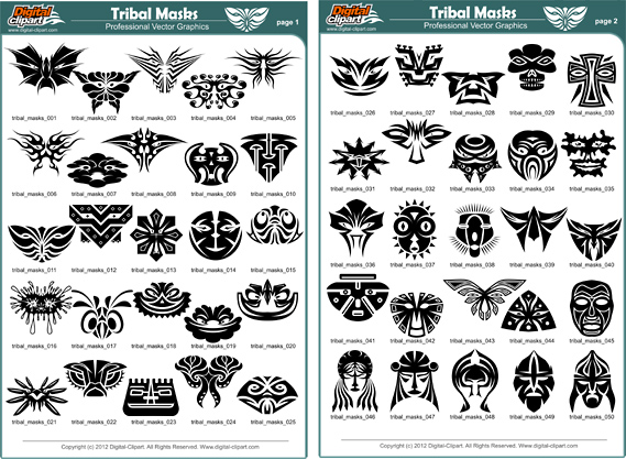 Tribal Masks - PDF - catalog. Cuttable vector clipart in EPS and AI formats. Vectorial Clip art for cutting plotters.