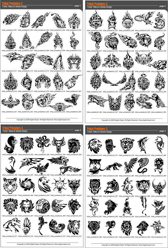 Tribal Predators. PDF - catalog. Cuttable vector clipart in EPS and AI formats. Vectorial Clip art for cutting plotters.