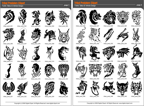 Tribal Predators. PDF - catalog. Cuttable vector clipart in EPS and AI formats. Vectorial Clip art for cutting plotters.