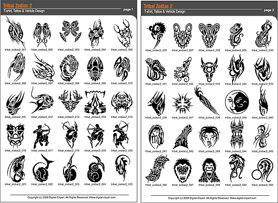Tribal Zodiac - PDF - catalog. Cuttable vector clipart in EPS and AI formats. Vectorial Clip art for cutting plotters.