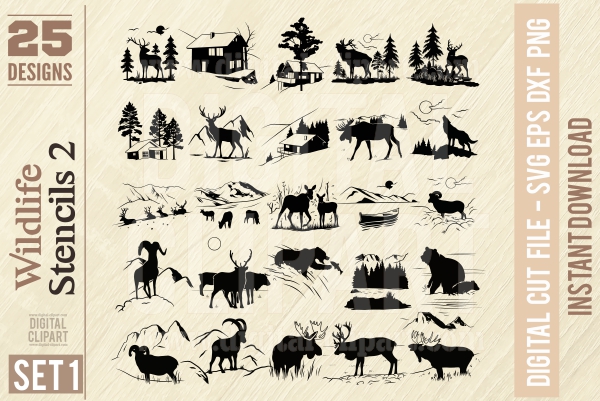 Wildlife Stencils - PDF - catalog. Cuttable vector clipart in EPS and AI formats. Vectorial Clip art for cutting plotters.