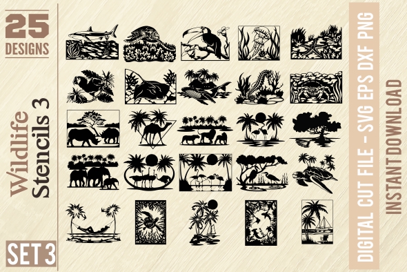 Wildlife Stencils - PDF - catalog. Cuttable vector clipart in EPS and AI formats. Vectorial Clip art for cutting plotters.