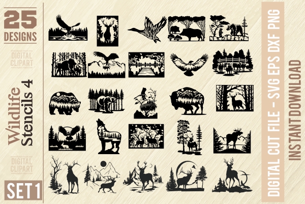 Wildlife Stencils - PDF - catalog. Cuttable vector clipart in EPS and AI formats. Vectorial Clip art for cutting plotters.