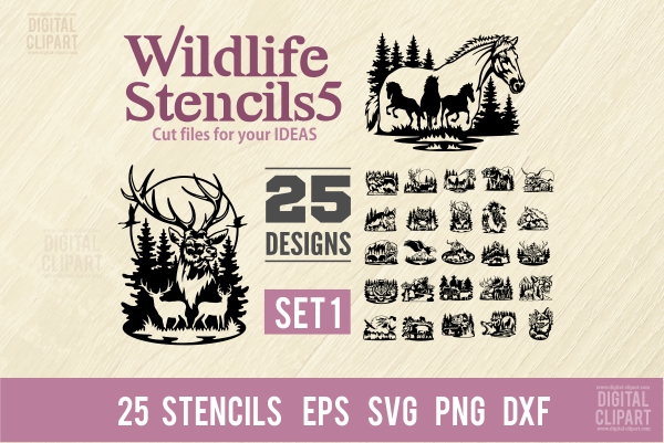 Wildlife Stencils - PDF - catalog. Cuttable vector clipart in EPS and AI formats. Vectorial Clip art for cutting plotters.