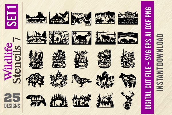 Wildlife Stencils - PDF - catalog. Cuttable vector clipart in EPS and AI formats. Vectorial Clip art for cutting plotters.